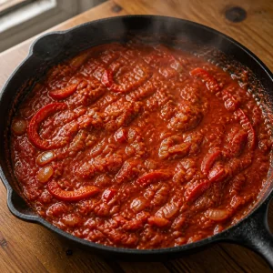 Thick red shakshouka sauce simmering in a skillet