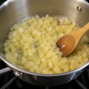 Gewürfelte Zwiebel wird in Olivenöl weich