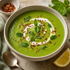 Fertige Erbsensuppe mit Zitrone und Chiliflocken vor dem Servieren