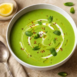 Sopa picante de ervilhas pronta com iogurte, hortela e pimenta