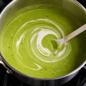 Griechischer Joghurt wird in glatte Erbsensuppe gerührt