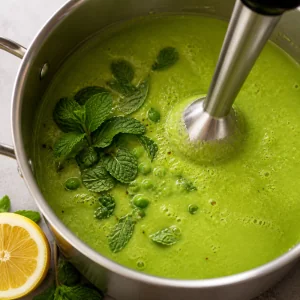 Minze und Zitrone werden in grüne Erbsensuppe püriert