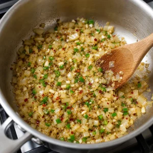 Gewürze, Knoblauch und Jalapeno werden unter weiche Zwiebel gerührt