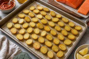 Kleine Kartoffeln werden auf dem Blech langsam goldbraun