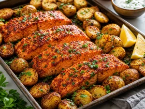 Fertiger Harissa Lachs mit knusprigen Kartoffeln, Petersilie und Zitrone