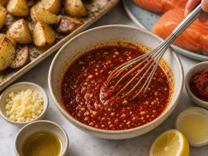 Glaenzende Harissa Glasur mit Honig, Knoblauch und Zitrone verruehrt