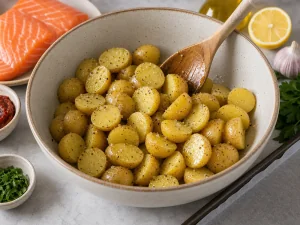 Halbierte kleine Kartoffeln mit Olivenoel und Pfeffer vermengt