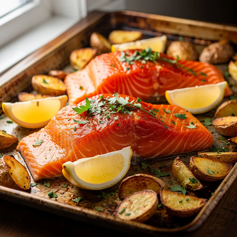Im Backofen geröstete Harissa-Lachsfilets auf einem Backblech mit knusprigen Baby-Kartoffeln und Zitronenscheiben