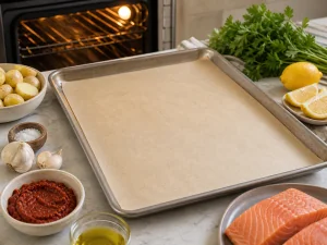 Mit Backpapier ausgelegtes Blech neben Lachs und Harissa Zutaten