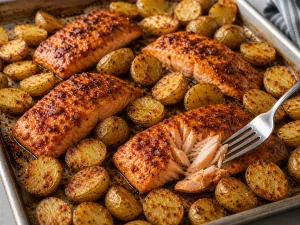 Geroesteter Harissa Lachs blaettert neben knusprigen Kartoffeln