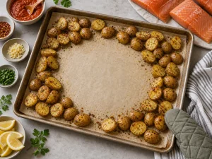 Geroestete Kartoffeln an die Raender des Blechs geschoben