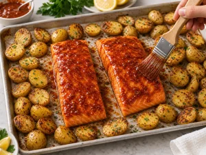 Lachsfilets mit roter Harissa Glasur zwischen Kartoffeln bestrichen