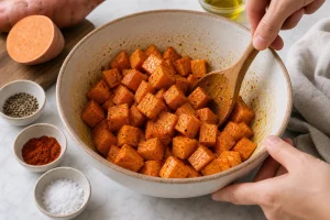 Cubed sweet potatoes tossed with olive oil and smoked paprika