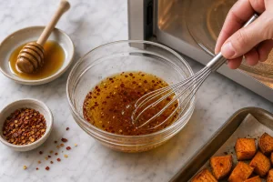 Honey whisked with red pepper flakes for hot honey