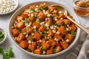 Hot honey sweet potatoes topped with feta and cilantro