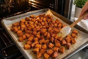 Roasted sweet potatoes tossed until golden and caramelized