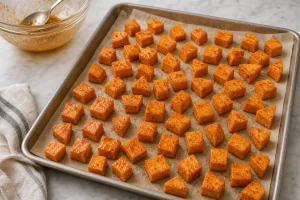 Seasoned sweet potato cubes spread in a single layer