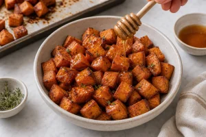 Warm roasted sweet potatoes drizzled with hot honey