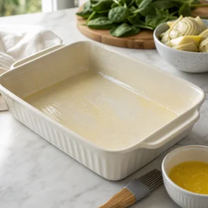 Buttered ceramic baking dish ready for the sliders