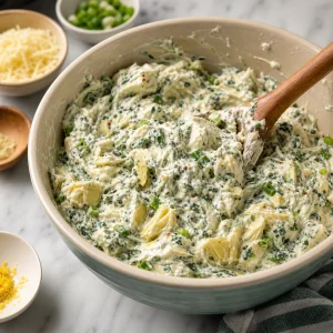 Creamy spinach-artichoke filling mixed in a bowl
