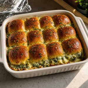 Deep golden sliders with bubbling spinach-artichoke filling