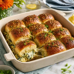 Golden spinach-artichoke pull-apart sliders in a baking dish