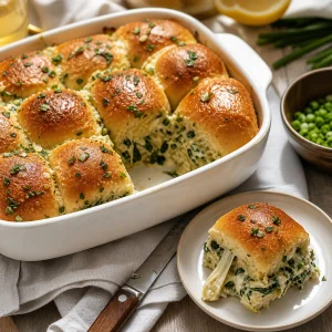 One warm spinach-artichoke slider served beside the baking dish