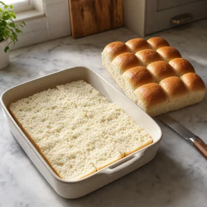 Sliced bottom slab of rolls in the baking dish