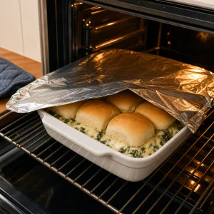Sliders loosely covered with foil in the oven