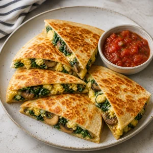 Cut spinach mushroom quesadilla wedges served with salsa
