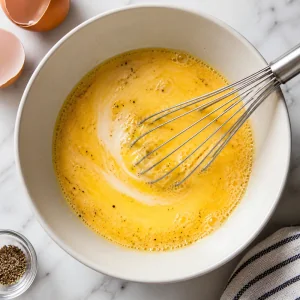 Eggs whisked with milk and pepper in a bowl