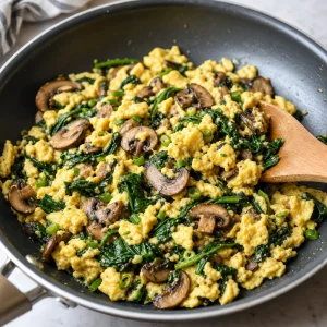 Mushrooms and spinach folded into soft scrambled eggs