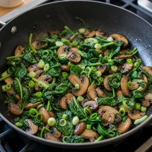 Spinach and green onions wilting with browned mushrooms