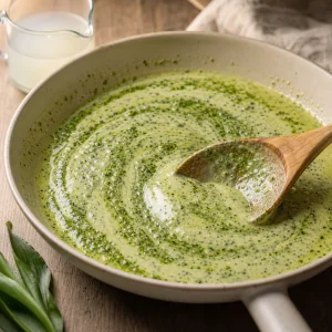 Iarkii pesto iz cheremshi vmeshivaetsia v teplyi slivochnyi sous