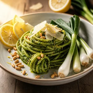 Gotovaia pasta s pesto iz cheremshi, oreshkami, parmezanom i listiami