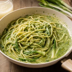 Linguini peremeshany so slivochnym zelenym pesto iz cheremshi