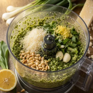 Ingredienty pesto iz cheremshi v kuхonnom kombaine