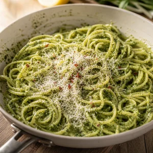 Pasta s pesto iz cheremshi s parmezanom, pertsem i khlopiami chili
