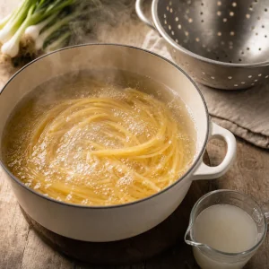 Spagetti kipiat v kastriule, riadom voda ot varki pasty