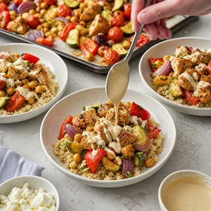 Sheet Pan Mediterranean Chicken Bowls with Lemon Tahini