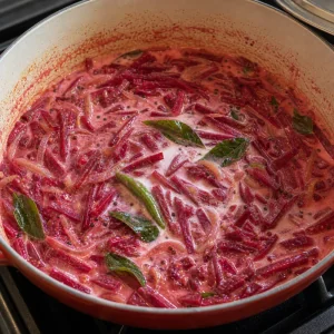 Coconut milk simmering with beetroot and curry leaves