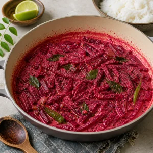 Finished beetroot curry resting with lime and steamed rice nearby