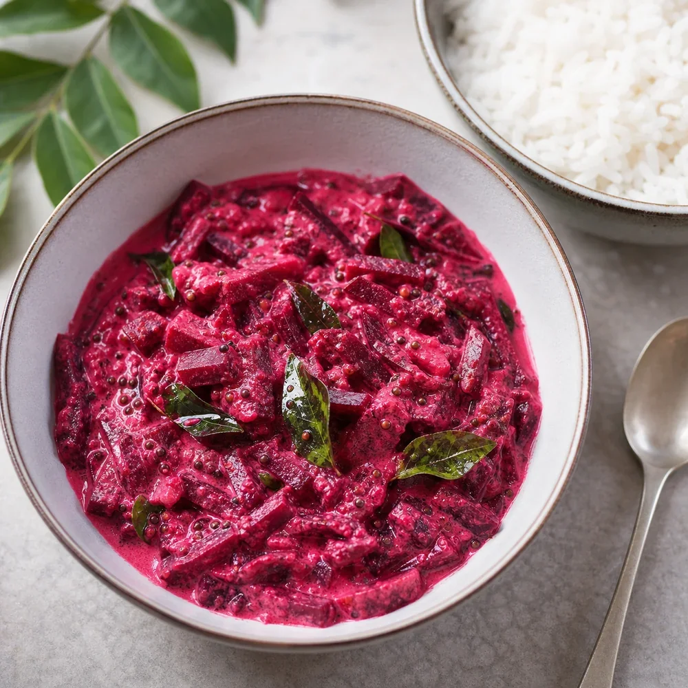 Finished Sri Lankan beetroot curry with coconut milk and rice