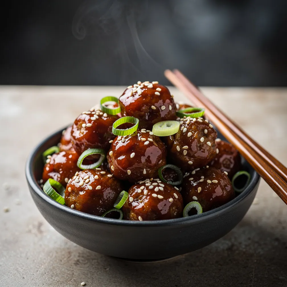 A bowl of glossy Korean BBQ meatballs garnished with sesame seeds and green onions