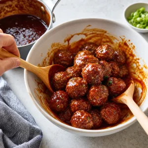 Baked meatballs tossed in warm sticky gochujang glaze until fully coated