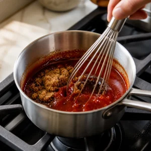 Gochujang, brown sugar, rice vinegar, and soy sauce whisked in a small saucepan