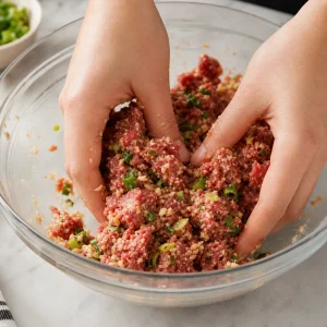 Korean BBQ meatball mixture gently mixed by hand until just combined