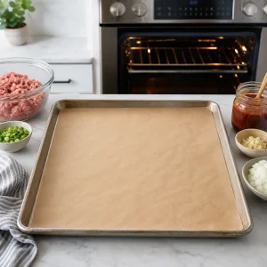 Parchment-lined baking sheet ready for Korean BBQ meatballs