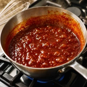 Thick glossy gochujang glaze simmering and bubbling in a saucepan