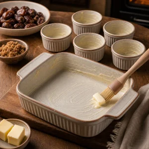 Teglia e stampini imburrati pronti per l impasto del pudding
